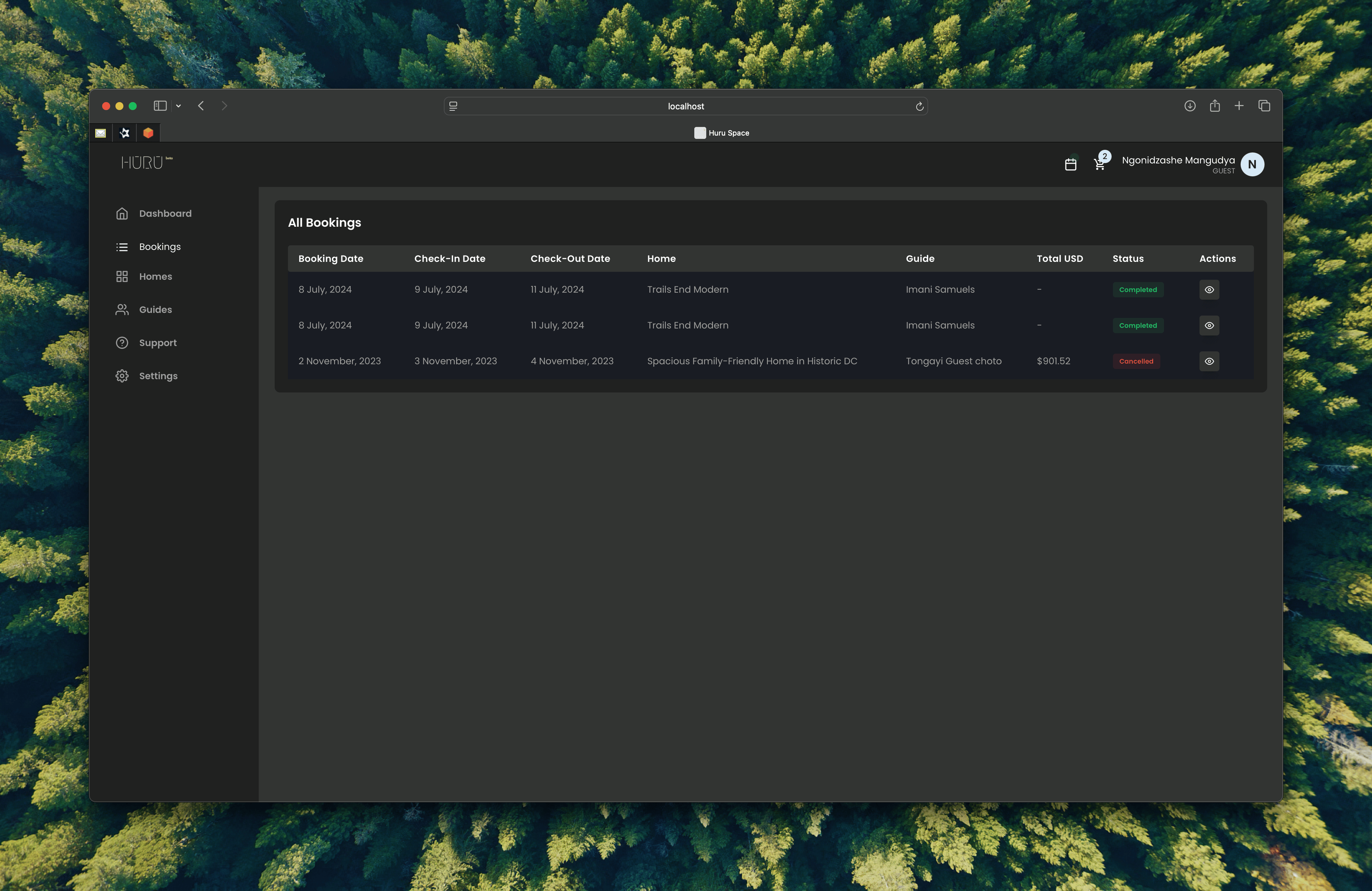Guest booking management interface